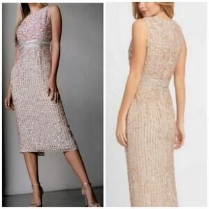Mac Duggal Sequin Beaded Sleeveless Midi Dress In Nude Size 14 New